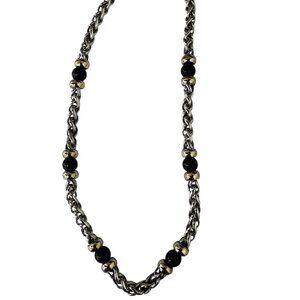 David Yurman Sterling Silver 14k Yellow Gold Bead Onyx Bead Wheat Chain Necklace